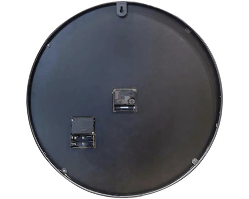 Zadná strana okrúhlych nástenných hodín s priestorom pre batérie a závesným zariadením