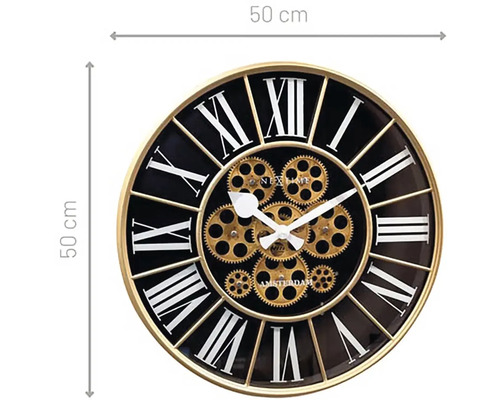Nástenné hodiny s rímskymi číslicami a ozubenými kolesami, priemer 50 centimetrov
