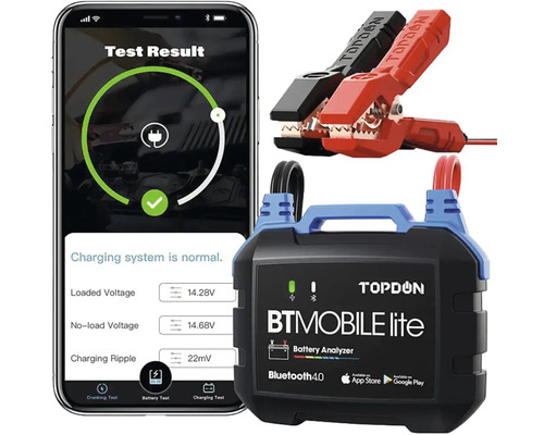 Tester batérií Topdon s aplikáciou pre smartfóny a svorkami