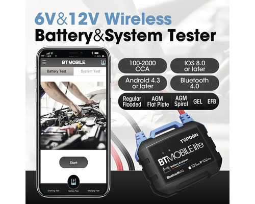 6 V a 12 V bezdrôtový tester batérií a systémov s pridruženou aplikáciou pre smartfóny