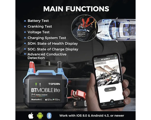Tester batérií TOPDON BTMOBILE lite na analýzu batérií, s rôznymi testovacími funkciami a Bluetooth 4.0