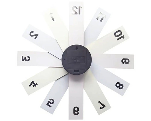 Zadná strana nástenných hodín s moderným dizajnom a podlhovastými bielymi prvkami s čiernymi číslicami