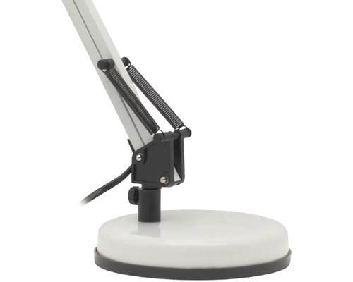 Detailný pohľad na stolnú lampu s pružinovým mechanizmom a okrúhlou základňou