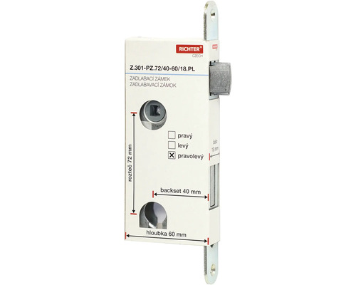 Zadlabací zámok Richter s rozmermi 72 mm, 40 mm, 60 mm a 18 mm