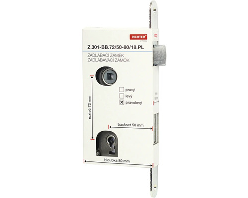 Zadlabací zámok s rozmermi 72 mm, 50 mm a 80 mm