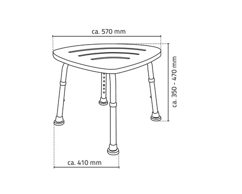 Nákres trojuholníkovej sprchovej stoličky s nastaviteľnými nohami a rozmermi.