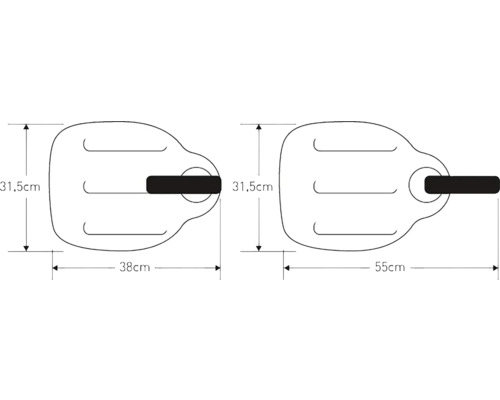 Technický výkres vanovej police s rozmermi 31,5 cm výška, 38 cm hĺbka a 55 cm hĺbka.