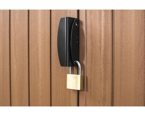 Detailný pohľad na záhradné dvere s čiernym zámkom a visiacim zámkom.