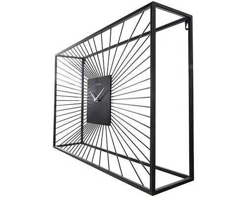 Dekoratívne nástenné hodiny s obdĺžnikovým kovovým rámom a ciferníkom