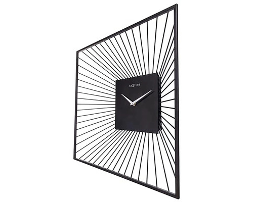 Obdĺžnikové nástenné hodiny s abstraktnými líniami a logom NexTime