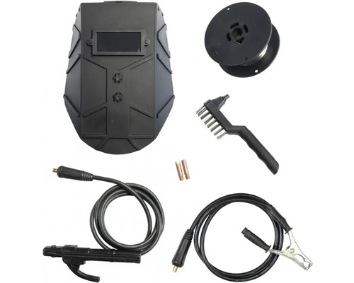 Zváracie vybavenie so zváracou helmou, drôtenou kefou, cievkou zváracieho drôtu a príslušenstvom