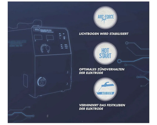 Zobrazenie funkcií zváracieho zariadenia: Stabilizácia oblúka, funkcia horúceho štartu a funkcia proti lepeniu.