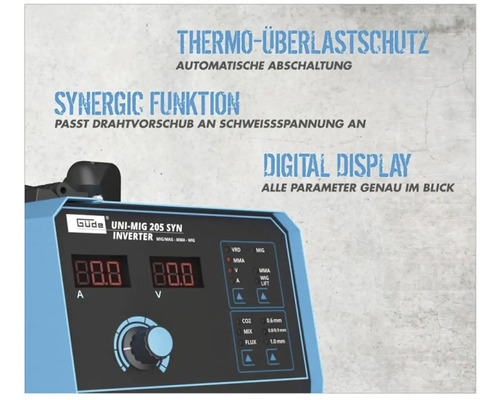 Zváračka Güde Uni-MIG 205 SYN Inverter s digitálnym displejom, ochranou proti preťaženiu a synergickou funkciou