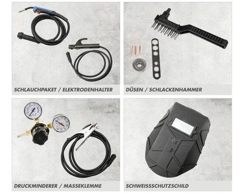 Sada príslušenstva k zváračke s hadicovým balíkom, držiakom elektród, tryskami, kladivom na trosku, redukčným ventilom, uzemňovacou svorkou a zváračským štítom