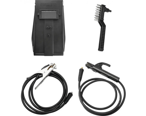 Zváracia prilba, drôtená kefa, uzemňovacia svorka a držiak elektród v sade