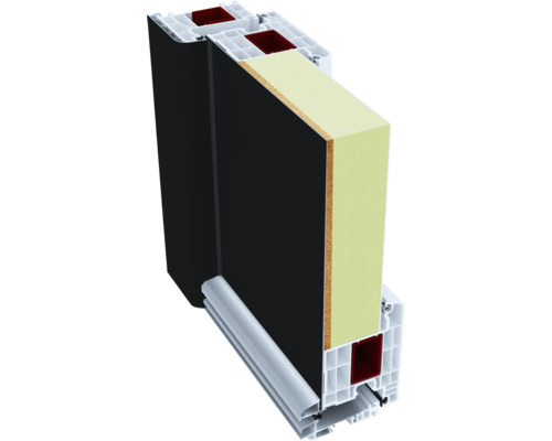 Priečny rez dverami s plastovým rámom, izoláciou a výplňou