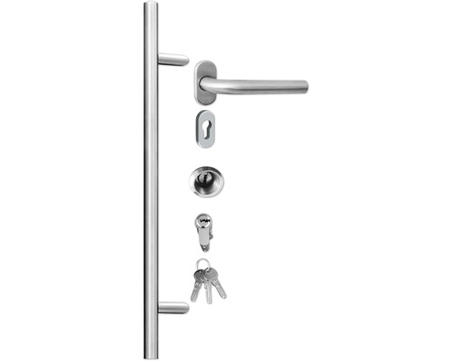 Sada nerezového dverového kovania s kľučkou, dlhým štítom, cylindrickou vložkou, kľúčmi a upevňovacím materiálom