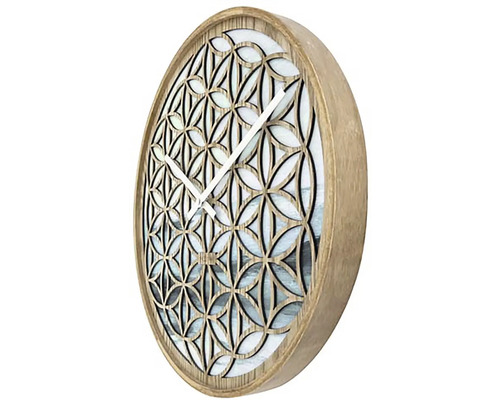 Okrúhle nástenné hodiny s dreveným rámom a kvetinovým vzorom