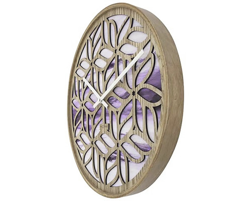 Dekoratívne drevené nástenné hodiny s kvetinovým vzorom a ukazovateľom času
