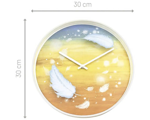 Okrúhle nástenné hodiny, priemer 30 cm, s motívom peria