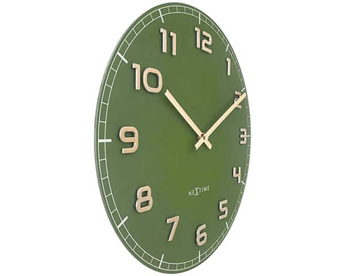 Nástenné hodiny Nextime, okrúhle zelené hodiny so zlatými ručičkami a číslicami