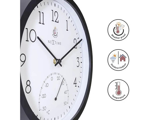 Nástenné hodiny s teplomerom pre vnútorné aj vonkajšie použitie a symboly pre odolnosť proti poveternostným vplyvom a zobrazenie teploty