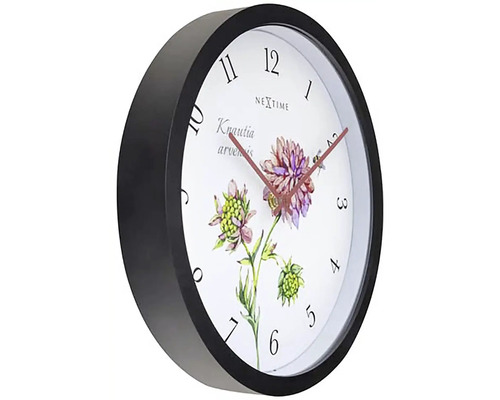 Nástenné hodiny Nextime s kvetinovým vzorom a čiernym rámom