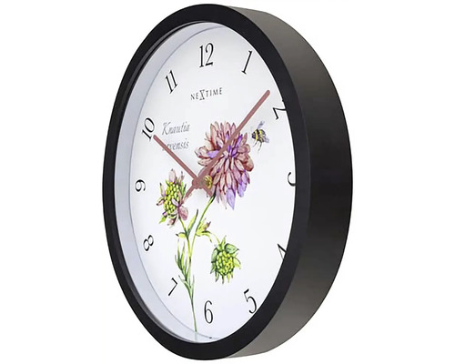 Nástenné hodiny Nextime s kvetinovým motívom a čiernym rámom