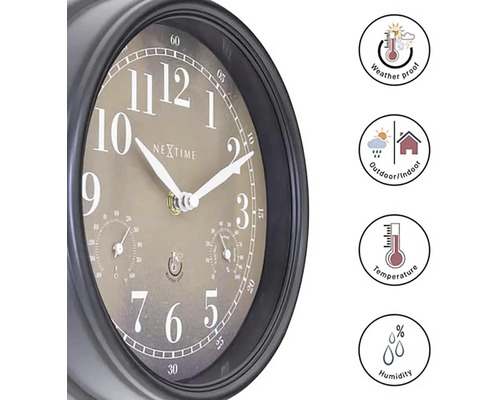 Nástenné hodiny Nextime s teplomerom a vlhkomerom, odolné voči poveternostným vplyvom