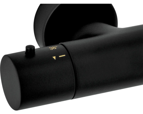 Detailný pohľad na čierny termostatický ventil s ukazovateľom teploty a bezpečnostným gombíkom