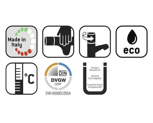 Symbol Vyrobené v Taliansku, symbol montážneho návodu, symbol funkcie úspory vody, symbol Eco, symbol teplotného rozsahu, značka DIN DVGW CERT, logo Hornbach Baumarkt AG