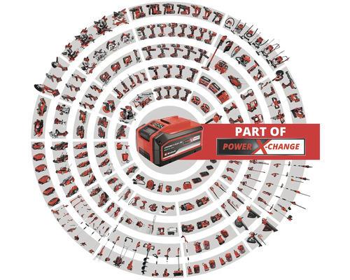 Batéria v strede kruhu, obklopená rôznym náradím ako súčasť série Power X-Change.