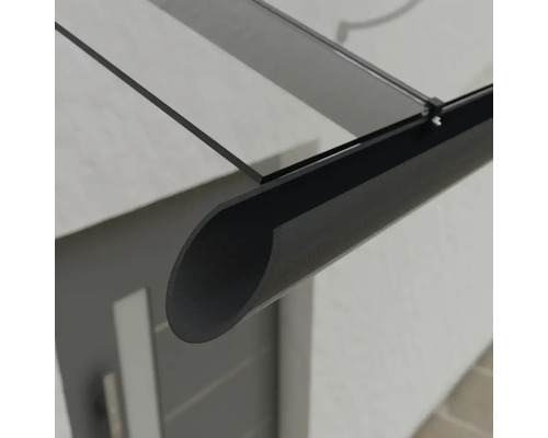 Detailný záber sklenenej a kovovej striešky nad vchodovými dverami.