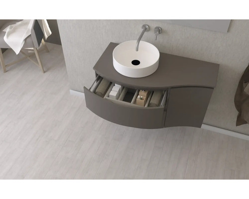 Skrinka pod umývadlo s okrúhlym umývadlom na dosku a zásuvkou v kúpeľni