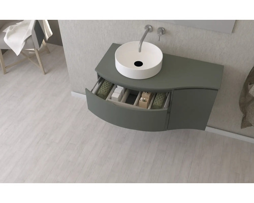 Skrinka pod umývadlo s otvorenou zásuvkou a umývadlom na dosku