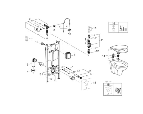 Rozkreslený nákres inštalačného systému WC s nádržkou a ovládacou doskou a súvisiacimi pripojovacími a upevňovacími prvkami.