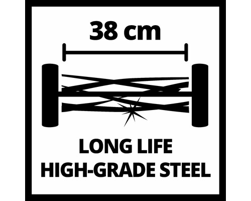Symbol kosačky na trávu so šírkou záberu 38 cm z vysokokvalitnej ocele pre dlhú životnosť.