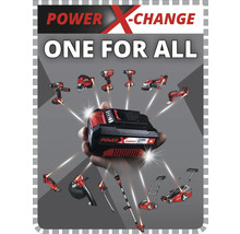 Batéria Power X-Change zobrazená s rôznym náradím a záhradnou technikou.