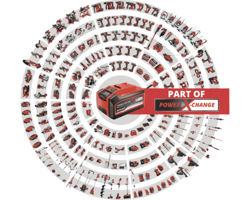 Batéria Einhell Power X-Change obklopená kompatibilným náradím a záhradnou technikou