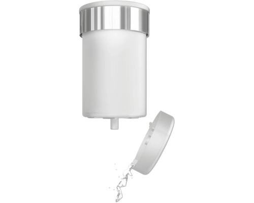 Biely dávkovač mydla s otvoreným vekom a vytekajúcou tekutinou