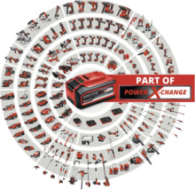 Batéria Einhell Power X-Change je obklopená nástrojmi Einhell.