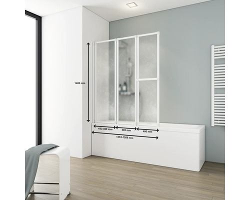 Vaňová zástena s tromi prvkami a rozmermi v kúpeľni