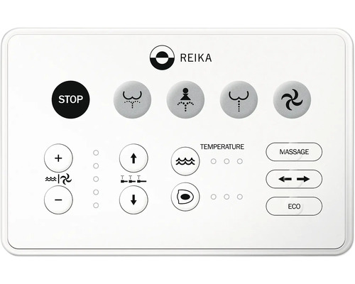 Ovládací panel Reika pre sprchové WC s rôznymi funkciami, ako je zastavenie, masáž a regulácia teploty.