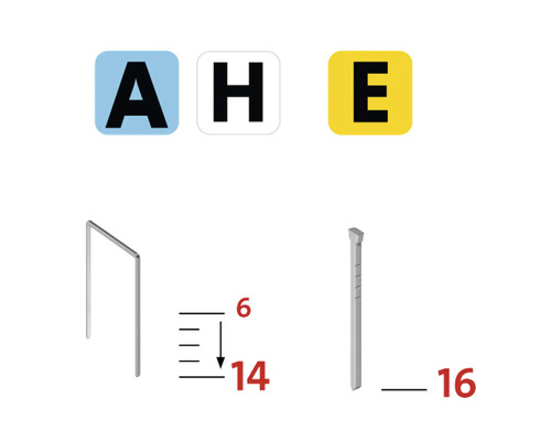 Ilustračný obrázok sponiek typu A, H a E s údajmi o veľkosti