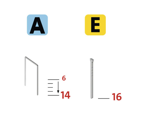 Obrázok sponky typu A a klinca typu E s rozmermi
