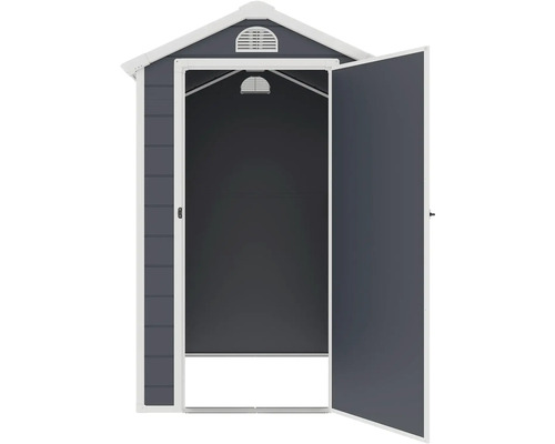 Záhradná skriňa s otvorenými dverami.