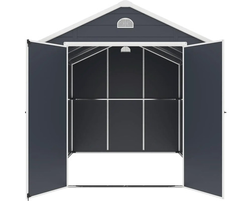 Otvorená záhradná búda s dvojkrídlovými dverami na uskladnenie záhradného náradia