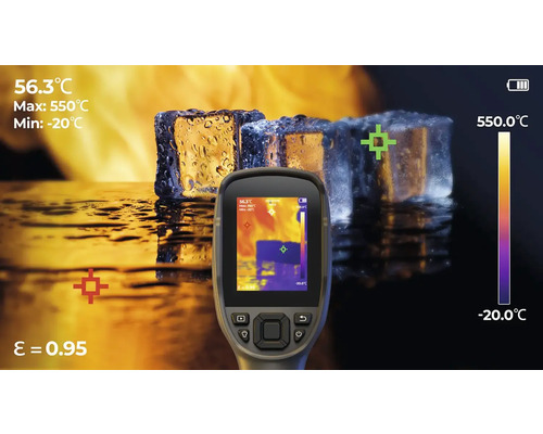 Termokamera používaná na meranie teploty kociek ľadu a teplého povrchu