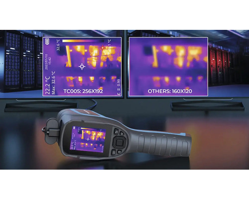 Termokamera na meranie teploty s dvoma obrazovkami zobrazujúcimi termogramy.