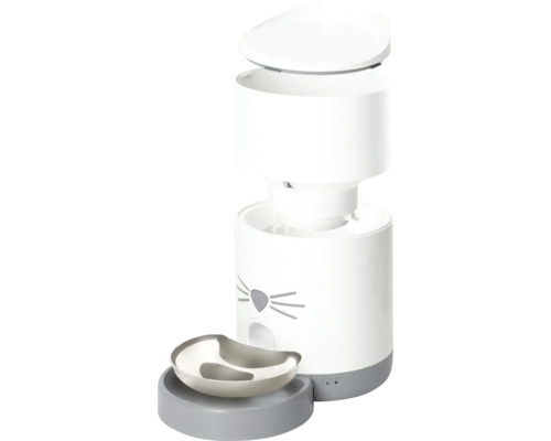 Automatický podávač krmiva pre mačky s mačacím dizajnom a miskou na krmivo.